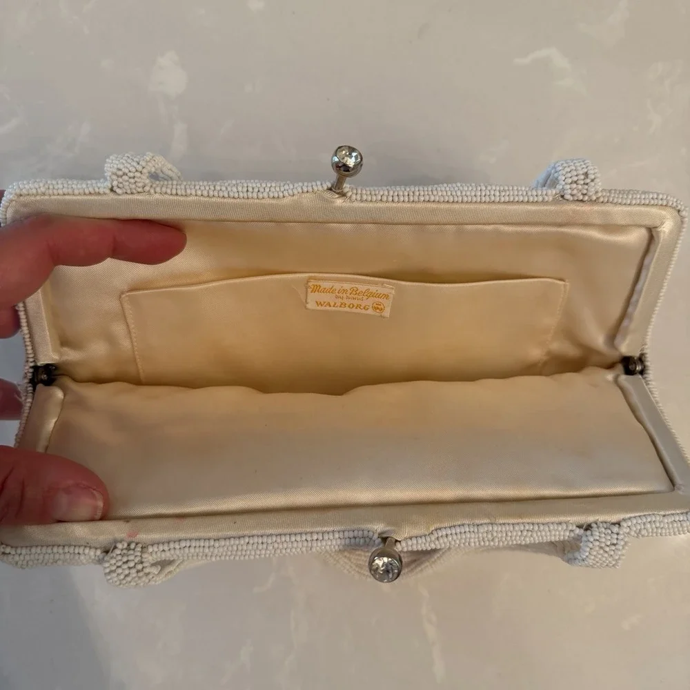 Vintage 60s Walborg Beaded Evening Bag Rhinestone Clasp White